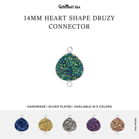 Natural Titanium Druzy 14mm Silver Double Bail Heart Gemstone Connector