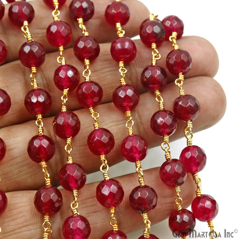 Pink Tourmaline Jade Faceted 8mm Gold Plated Wire Wrapped Rosary Chain