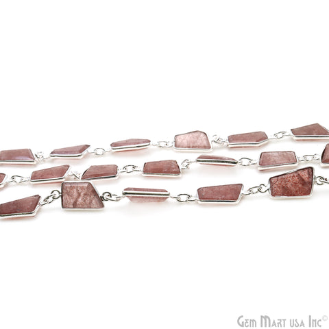 Strawberry Quartz 10-15mm Faceted Free Form Silver Bezel Connector Chain
