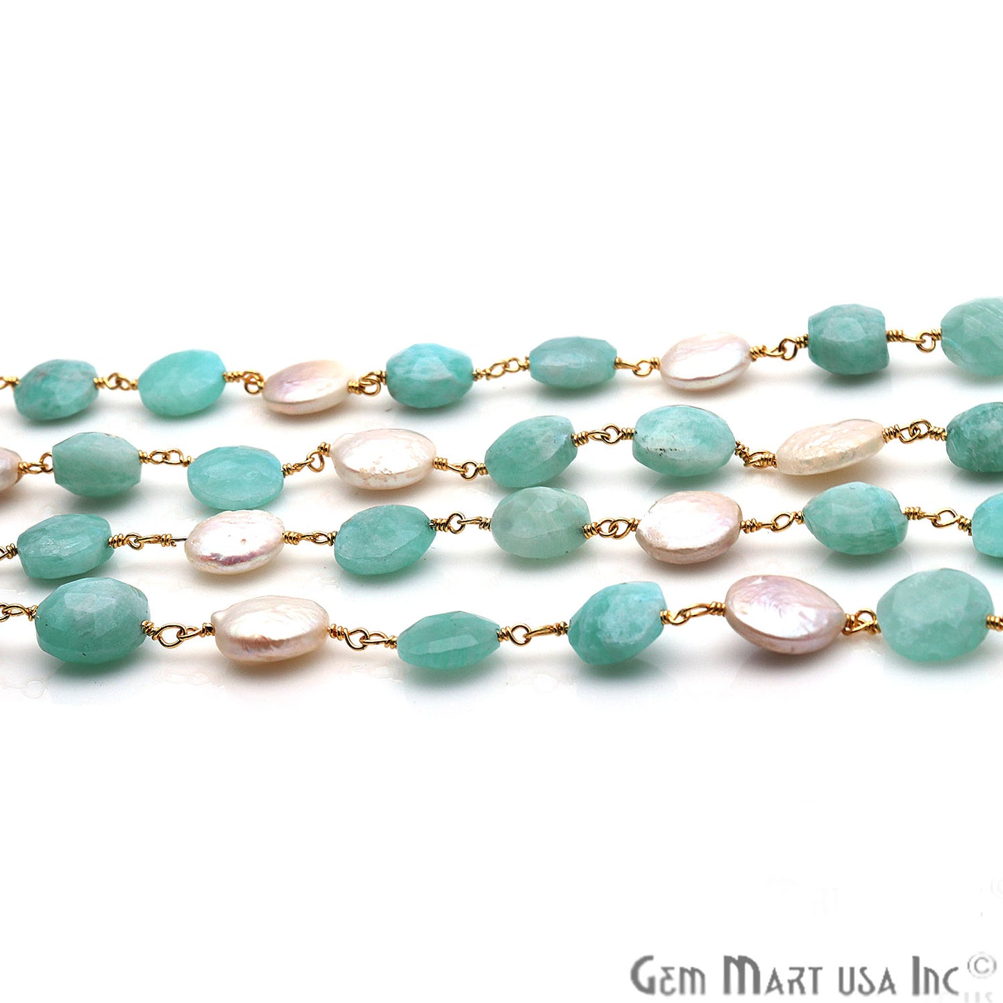 Amazonite & Pearl Round Rough Beads Gold Plated Rosary Chain - GemMartUSA