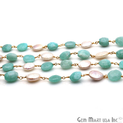 Amazonite & Pearl Round Rough Beads Gold Plated Rosary Chain - GemMartUSA