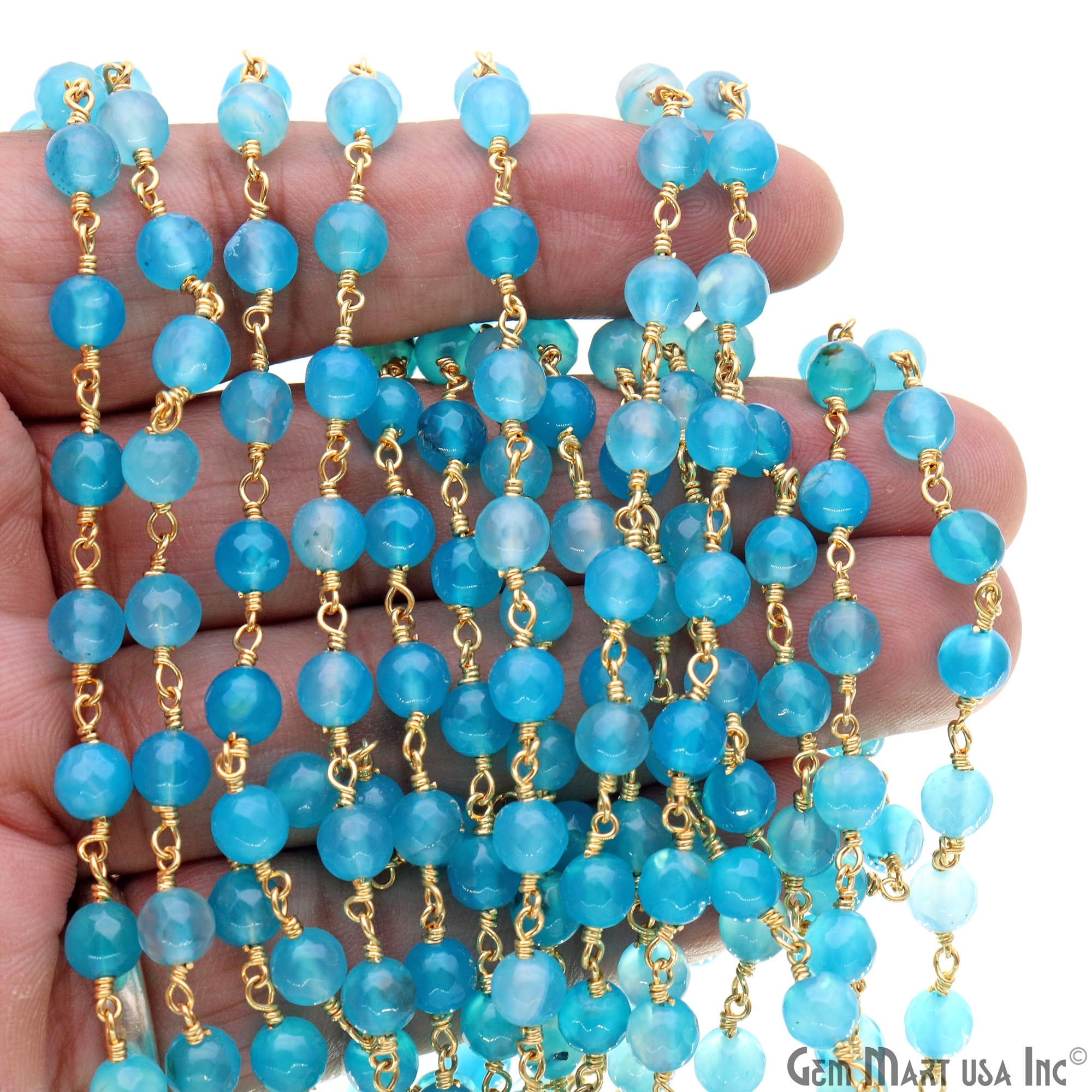 Sky Blue Jade 6mm Beads Gold Plated Wire Wrapped Rosary Chain (763737145391)