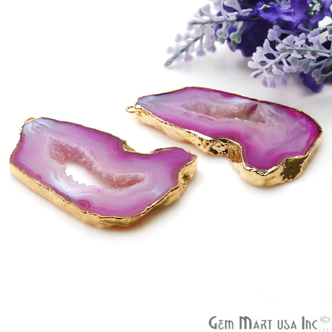Agate Slice 32x52mm Organic Gold Electroplated Gemstone Earring Connector 1 Pair - GemMartUSA