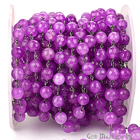 Lavender Jade 8mm Beads Oxidized Wire Wrapped Rosary Chain - GemMartUSA (762870595631)