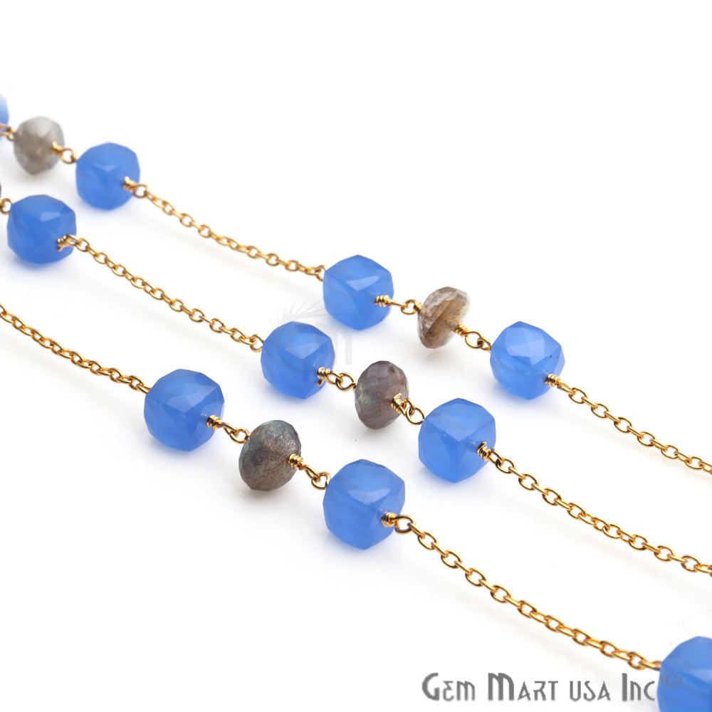 Labradorite 8-9mm Blue Chalcedony 7-8mm Beaded Gold Plated Wire Wrapped Rosary Chain