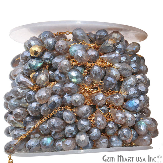 Mystic Labradorite Beaded Gold Wire Wrapped Dangle Rosary Chain - GemMartUSA