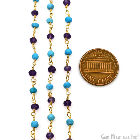 Amethyst & Turquoise 3-3.5mm Gold Plated Beaded Wire Wrapped Rosary Chain