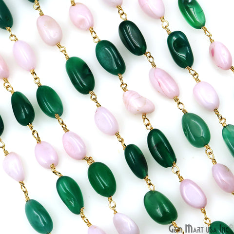 Green Onyx & Pink Opal 12x5mm Tumble Beads Gold Plated Rosary Chain