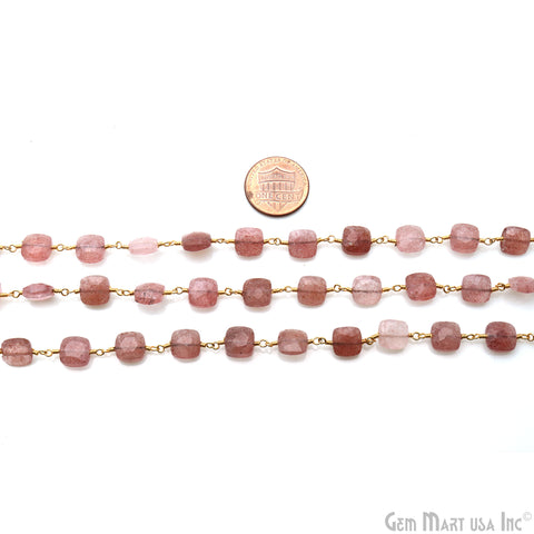 Strawberry Quartz 7-8mm Square Beads Gold Plated Rosary Chain