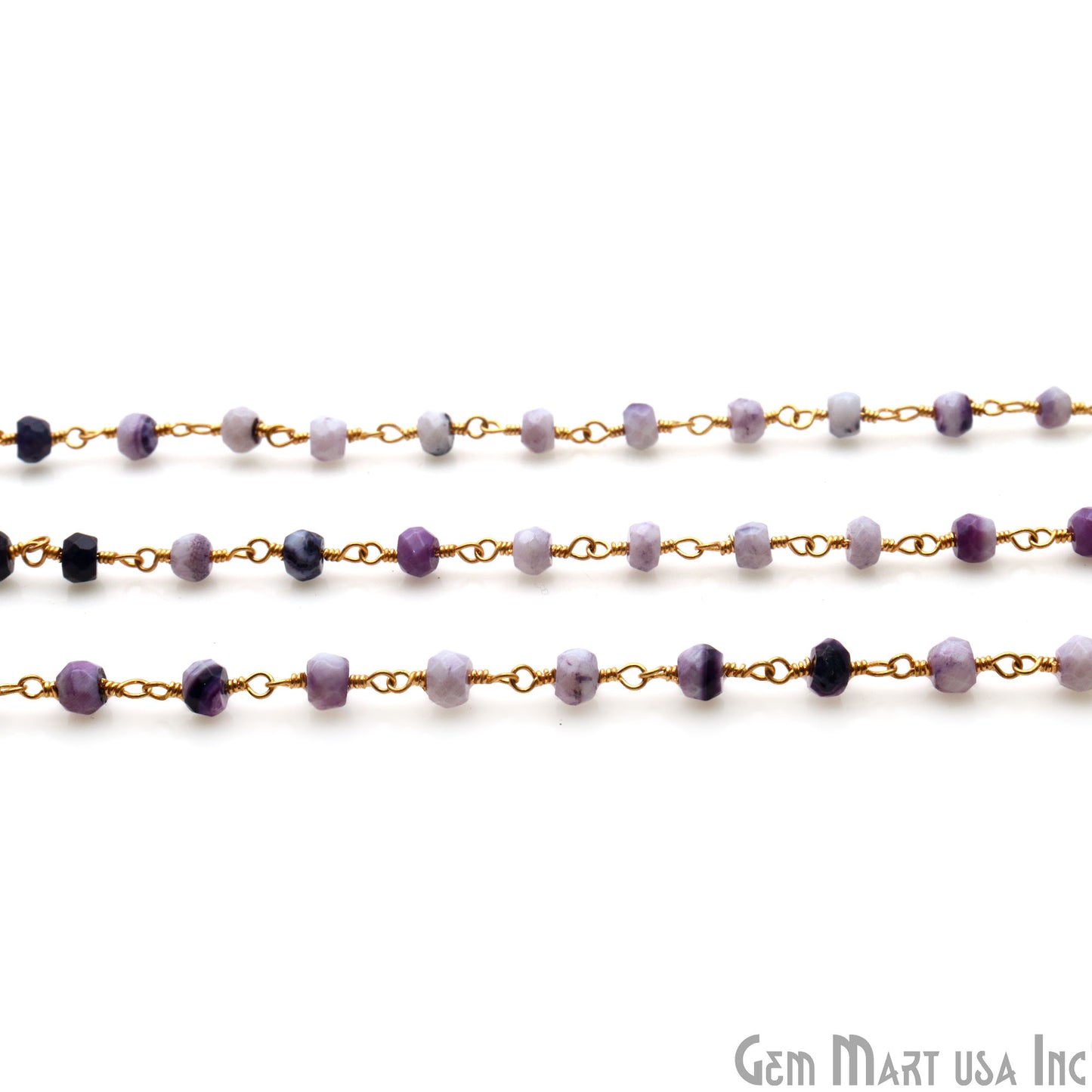 Purple Berry Jade 3-3.5mm Beads Gold Wire Wrapped Rosary Chain - GemMartUSA