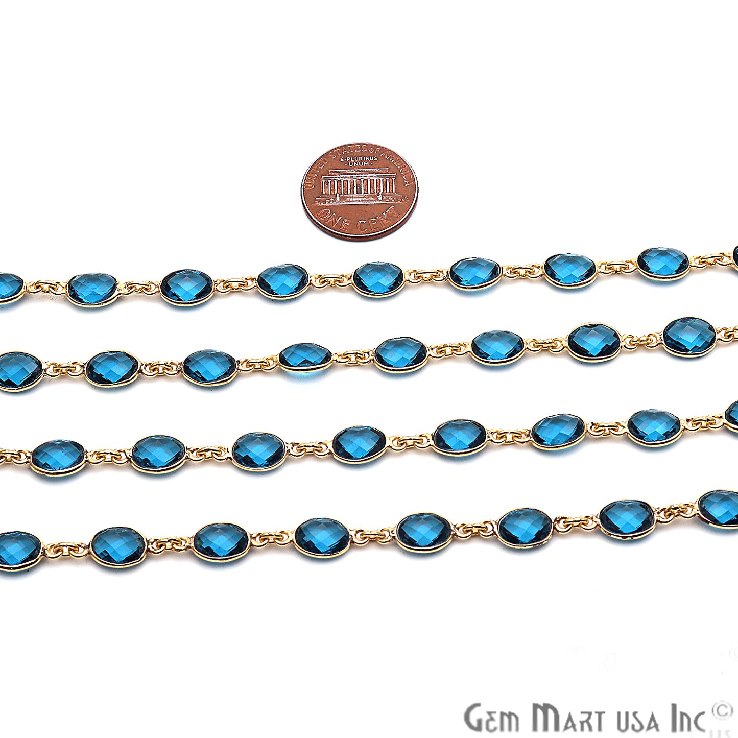 Blue Topaz 7x5mm Oval Bezel Link Gold Plated Continuous Connector Chain - GemMartUSA