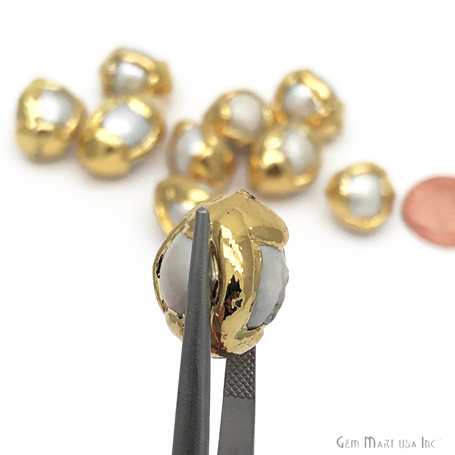Natural Pearl Gemstone Gold Edge Ball Drilled Beads - GemMartUSA
