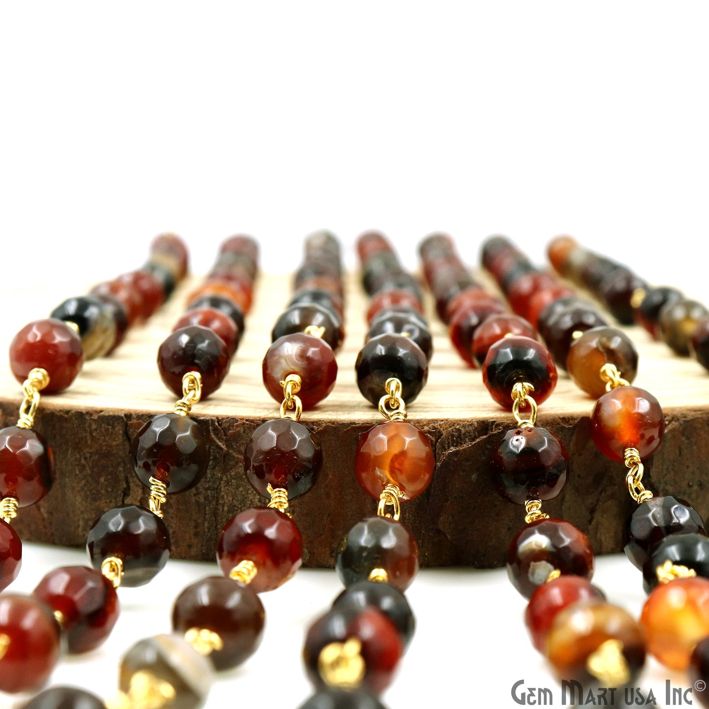 Dark Carnelian Jade Faceted 8mm Gold Plated Wire Wrapped Rosary Chain