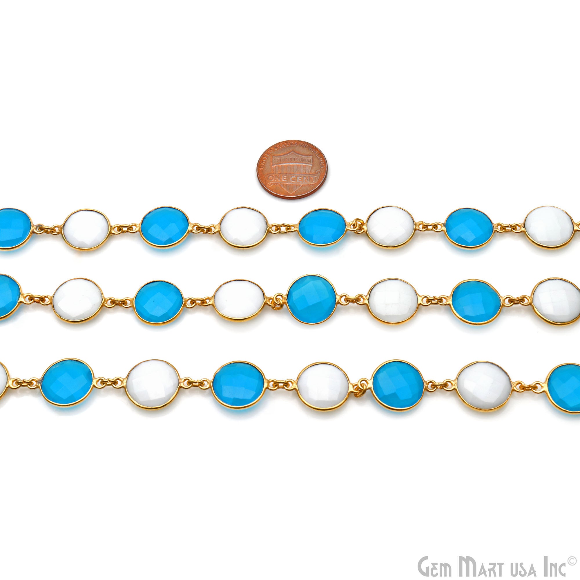 Sky Blue Chalcedony With White Agate Round 12mm Gold Plated Continuous Connector Chain