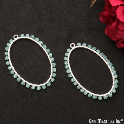 Aqua Chalcedony Oval Shape 52x35mm Silver Triple Wire Wrapped Beads Hoop Connector