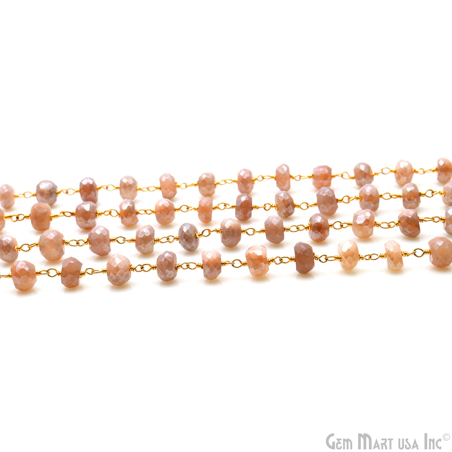 Peach Moonstone 6-7mm Gold Wire Wrapped Rondelle Faceted Bead Rosary Chain