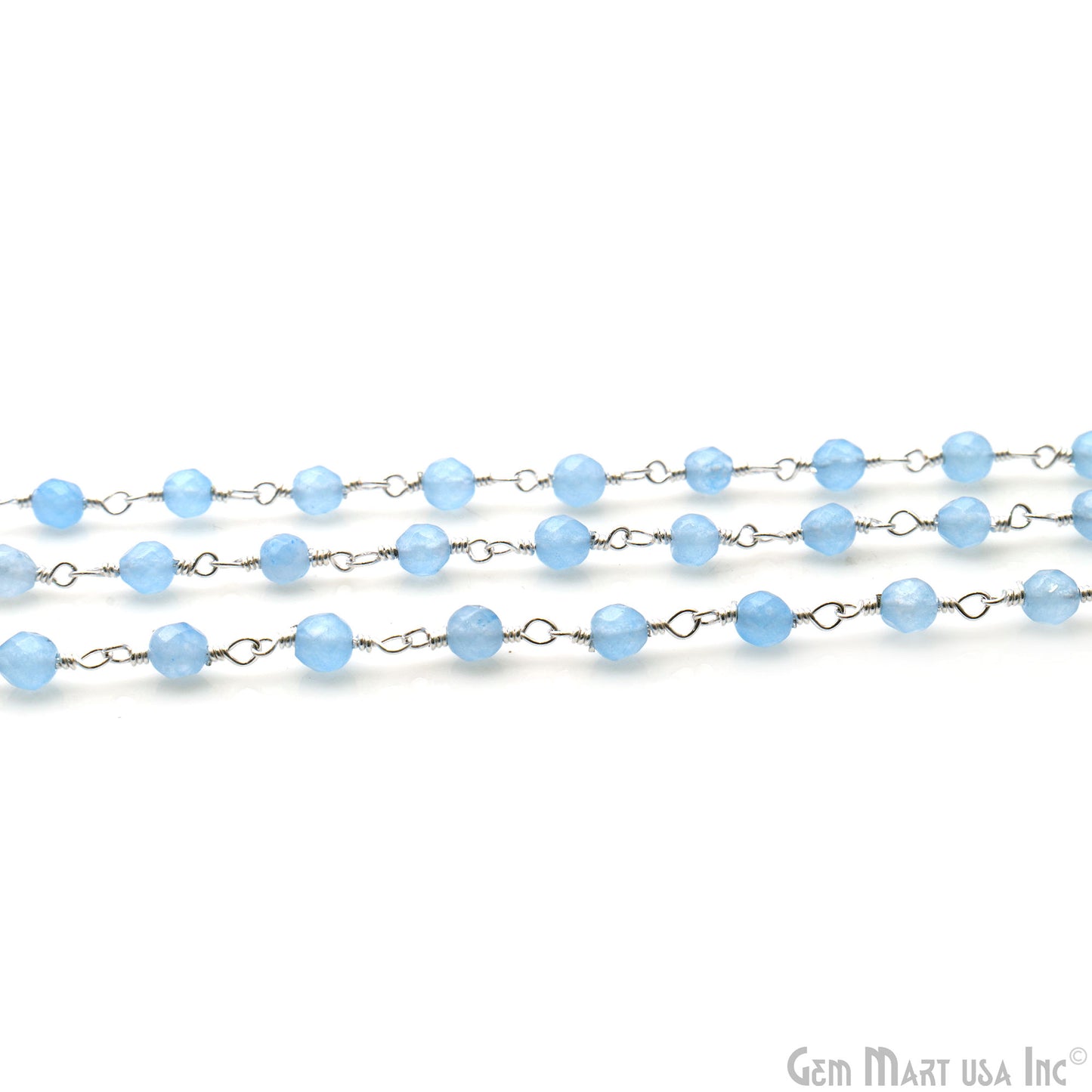 Light Blue Jade Faceted Beads 4mm Silver Plated Wire Wrapped Rosary Chain