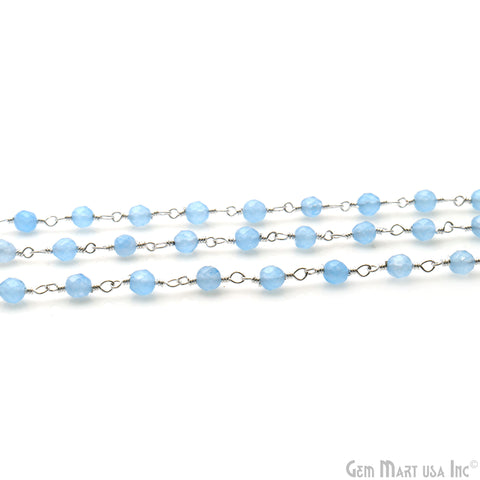 Light Blue Jade Faceted Beads 4mm Silver Plated Wire Wrapped Rosary Chain