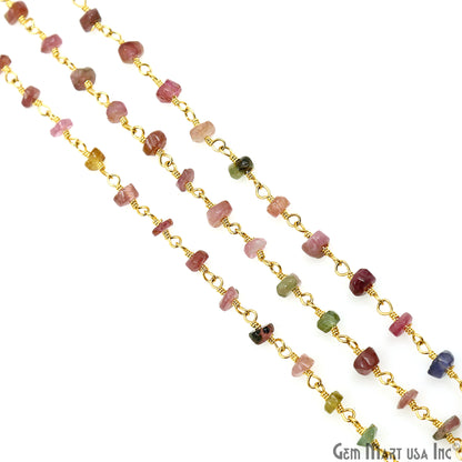 Multi Tourmaline Cabochon 3-3.5mm Gold Wire Wrapped Rosary Chain