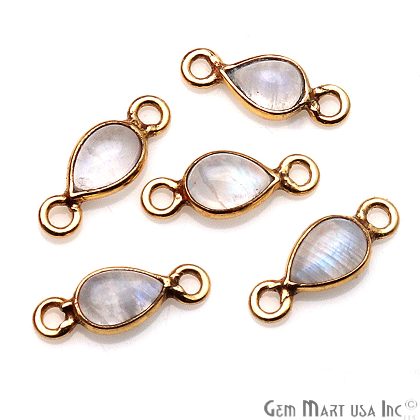 Rainbow Moonstone Cabochon 6x4mm Pear Shaped Gold Plated Bezel Connector (Pick Your Bail) - GemMartUSA