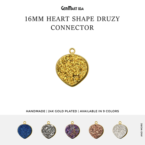 Natural Titanium Druzy 16mm Heart Gold Single Bail Gemstone Connector
