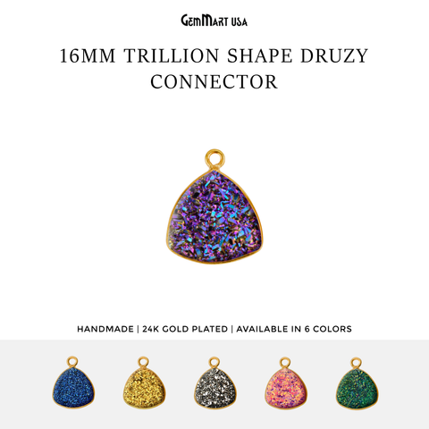 Natural Titanium Druzy 16mm Trillion Gold Plated Single Bail Gemstone Connector