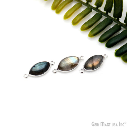 Flashy Labradorite Cabochon 9x16mm Marquise Double Bail Silver Plated Gemstone Connector