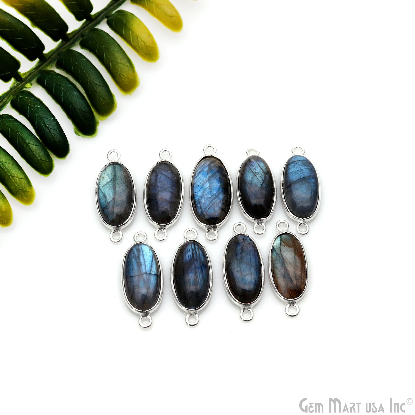 Flashy Labradorite Cabochon 8x16mm Oval Double Bail Silver Plated Gemstone Connector