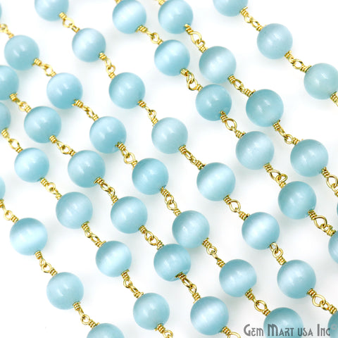Blue Monalisa Smooth Beads 8mm Gold Plated Wire Wrapped Rosary Chain