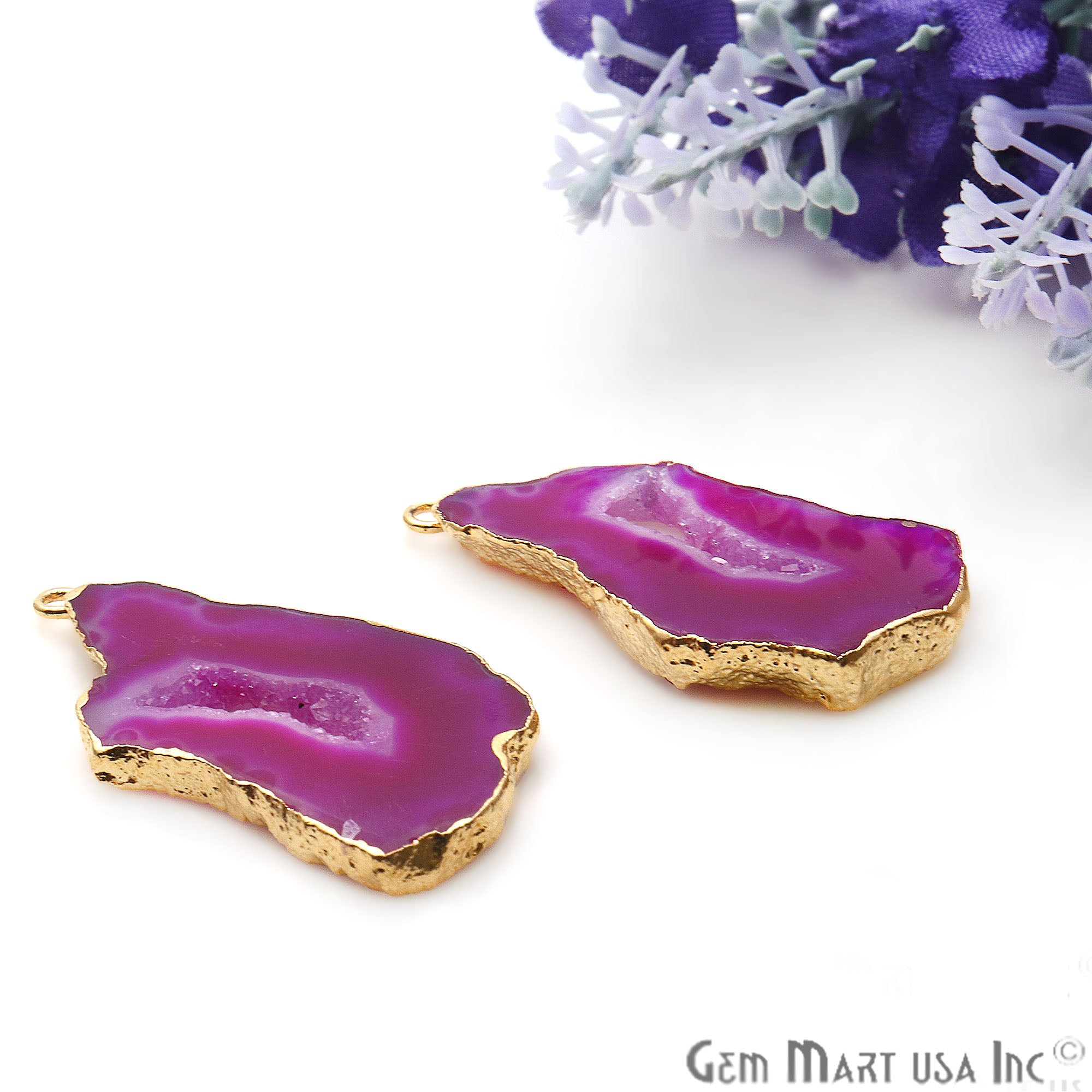 Agate Slice 34x17mm Organic Gold Electroplated Gemstone Earring Connector 1 Pair - GemMartUSA