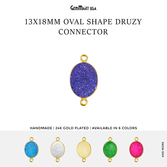 Color Druzy 13x18mm Oval Bezel Gold Plated Double Bail Gemstone Connector