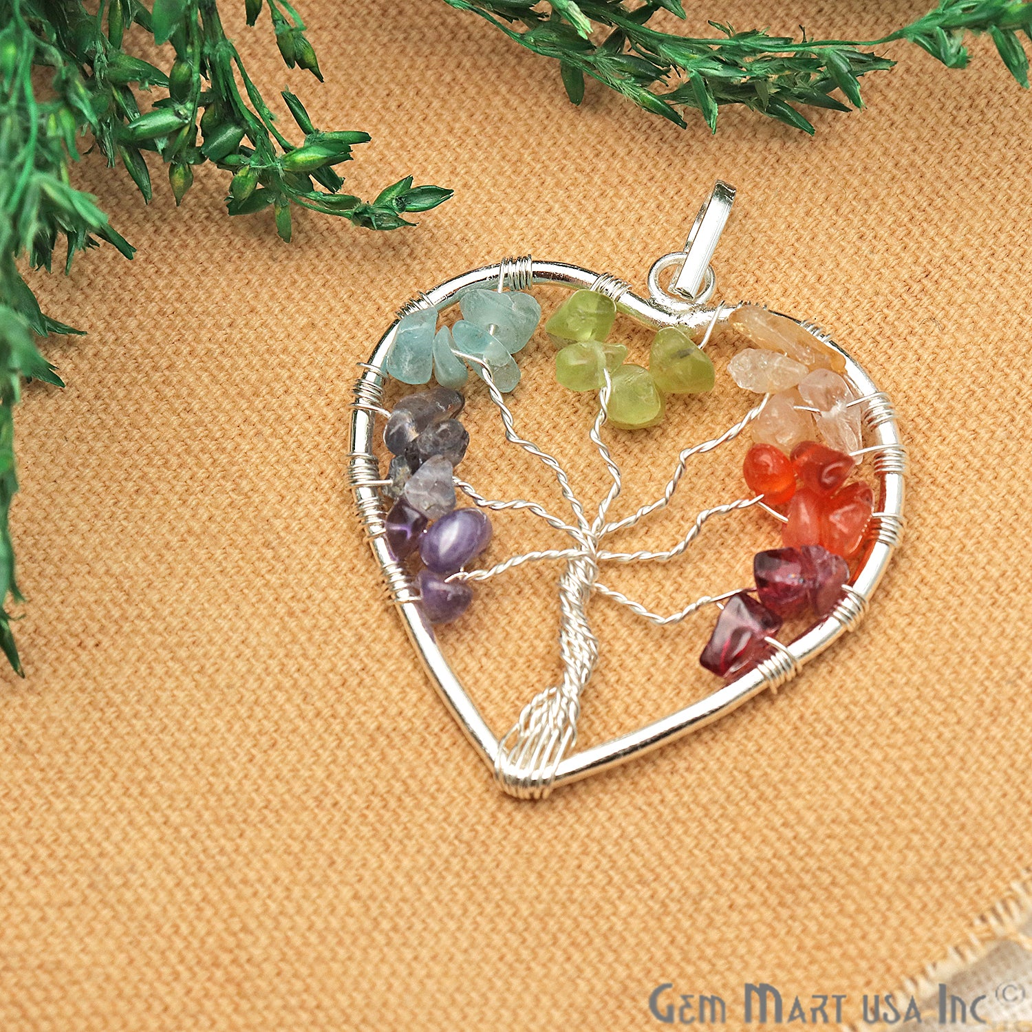 Tree of Life Multi Color Silver Heart 41x39mm Gemstone Healing Pendant - GemMartUSA