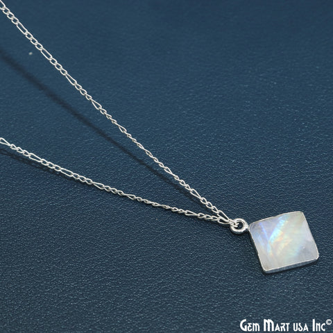 Rainbow Moonstone Square 12mm Silver Electroplated Single Bail Gemstone Connector