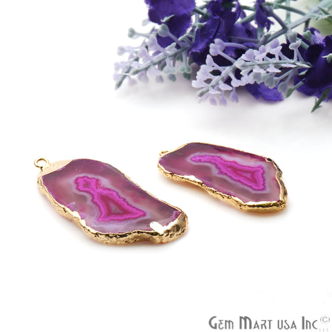 Agate Slice 42x19mm Organic Gold Electroplated Gemstone Earring Connector 1 Pair - GemMartUSA