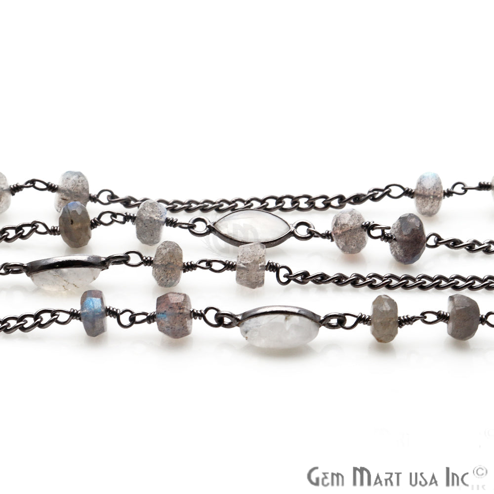 Labradorite 6-7mm Rainbow Moonstone 6x17mm Beaded Oxidized Wire Wrapped Rosary Chain - GemMartUSA