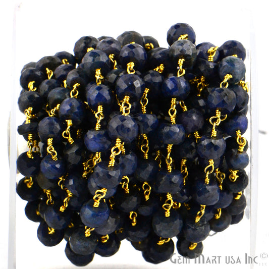 Sapphire 6-7mm Beads Chain, Gold Plated Wire Wrapped Rosary Chain - GemMartUSA (763921203247)