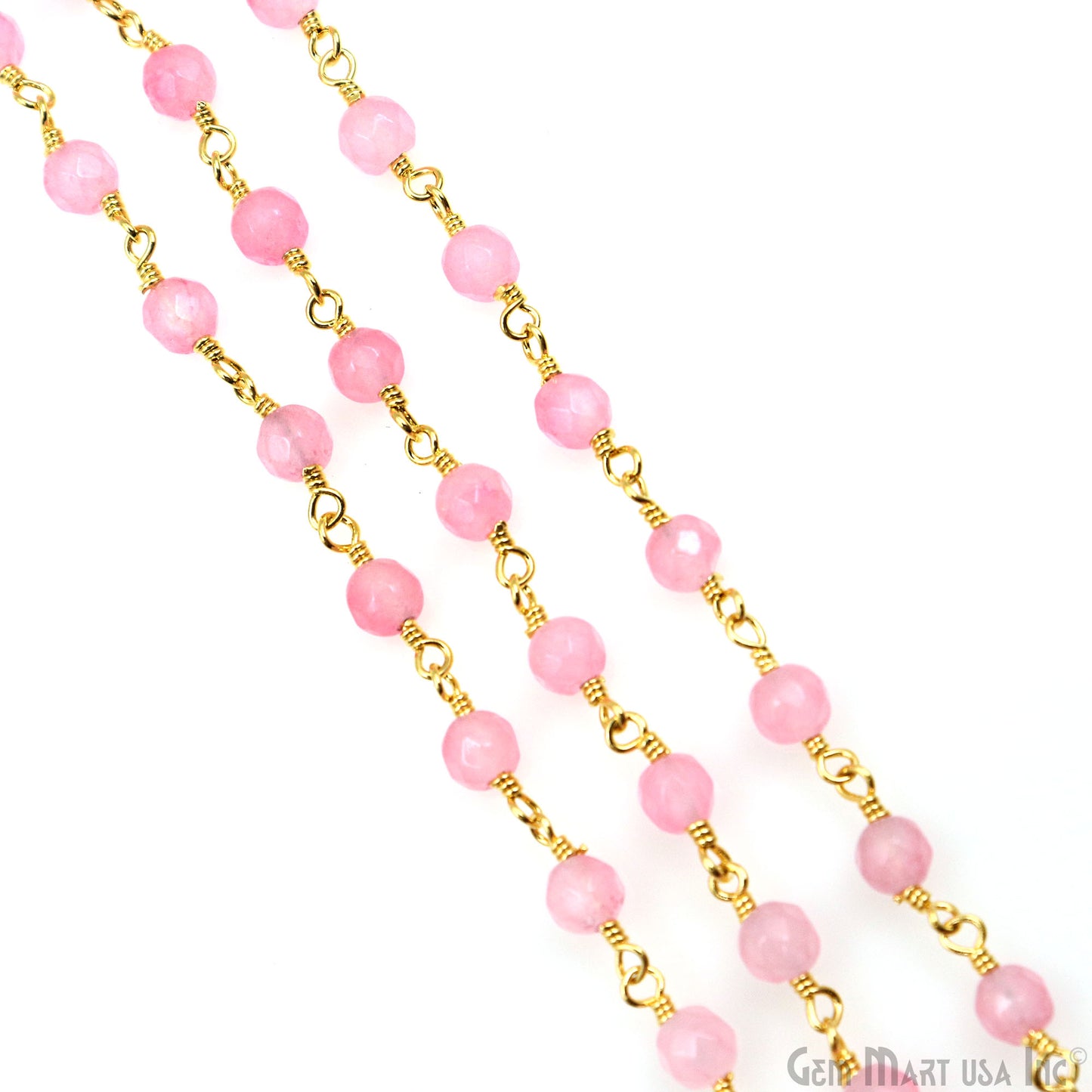 Light Pink Jade Beads 4mm Gold Plated Wire Wrapped Rosary Chain