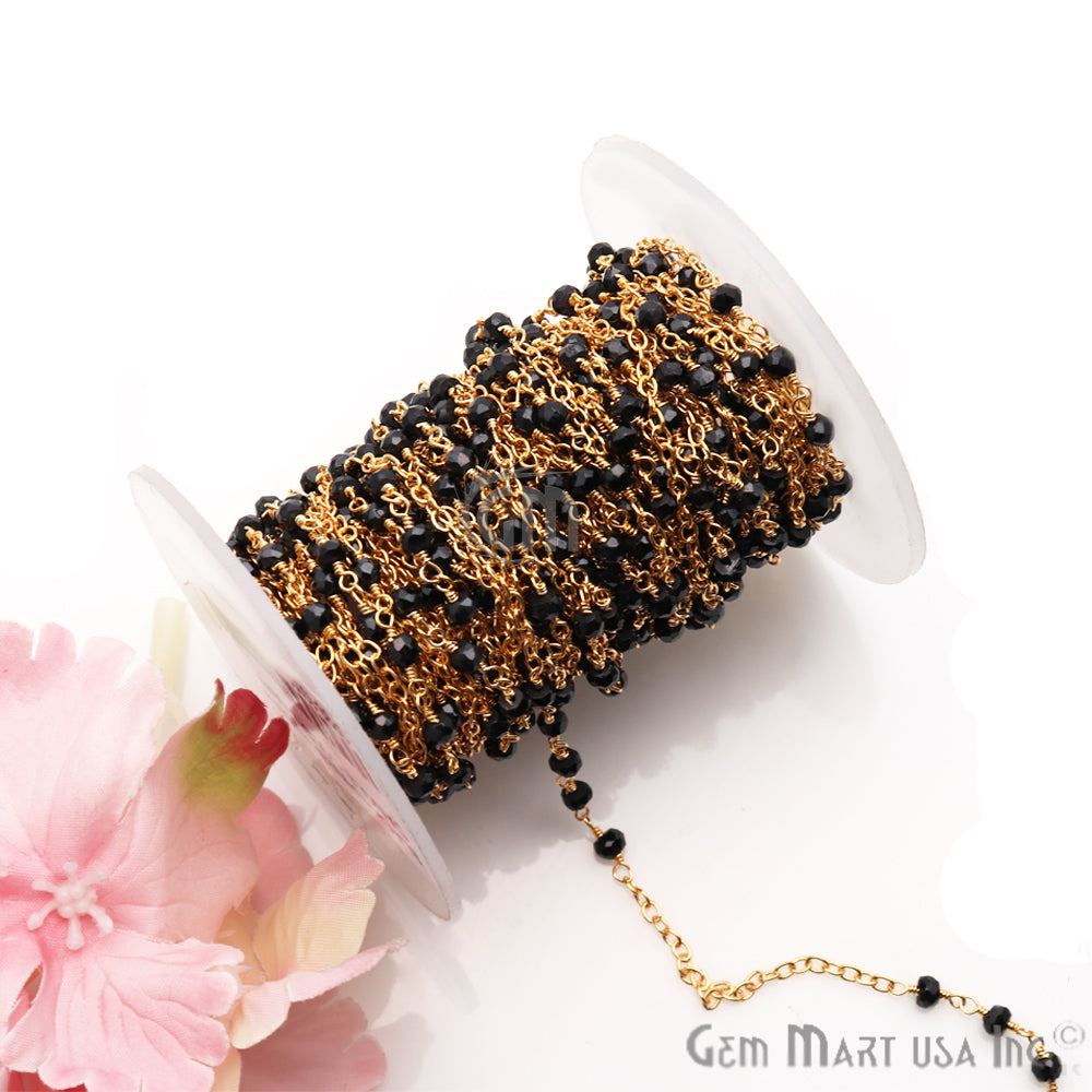 Black Spinel Beads Gemstone Beaded Gold Plated Wire Wrapped Rosary Chain - GemMartUSA