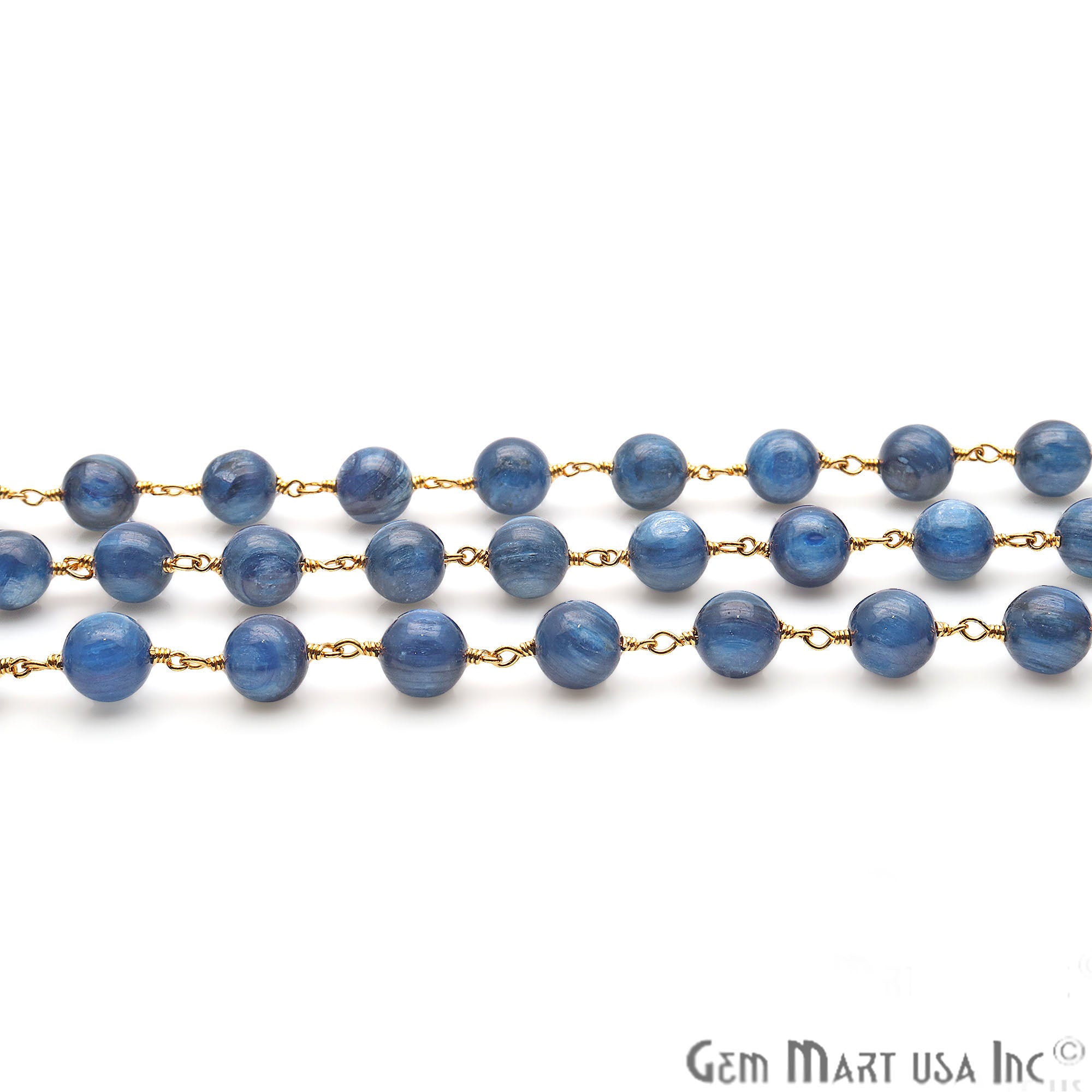 Kyanite Smooth Beads 8mm Gold Plated Wire Wrapped Rosary Chain - GemMartUSA