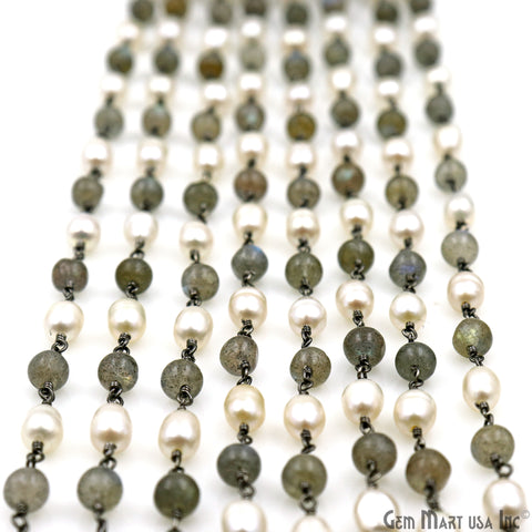 Labradorite Cabochon With Pearl Oval Oxidized Wire Wrapped Rosary Chain