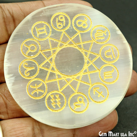 Selenite Round Plate Shape 69mm Engraved Zodiac Signs Reiki Healing Meditation Gemstones