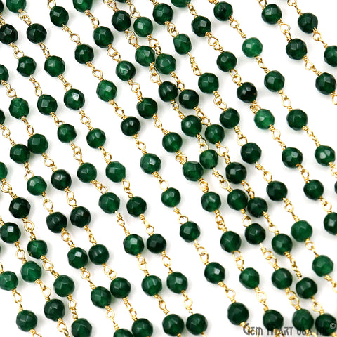 Green Jade Faceted Round 4mm Beads Gold Plated Wire Wrapped Rosary Chain