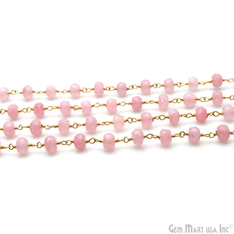 Baby Pink Jade Faceted 5-6mm Gold Wire Wrapped Beads Rosary Chain