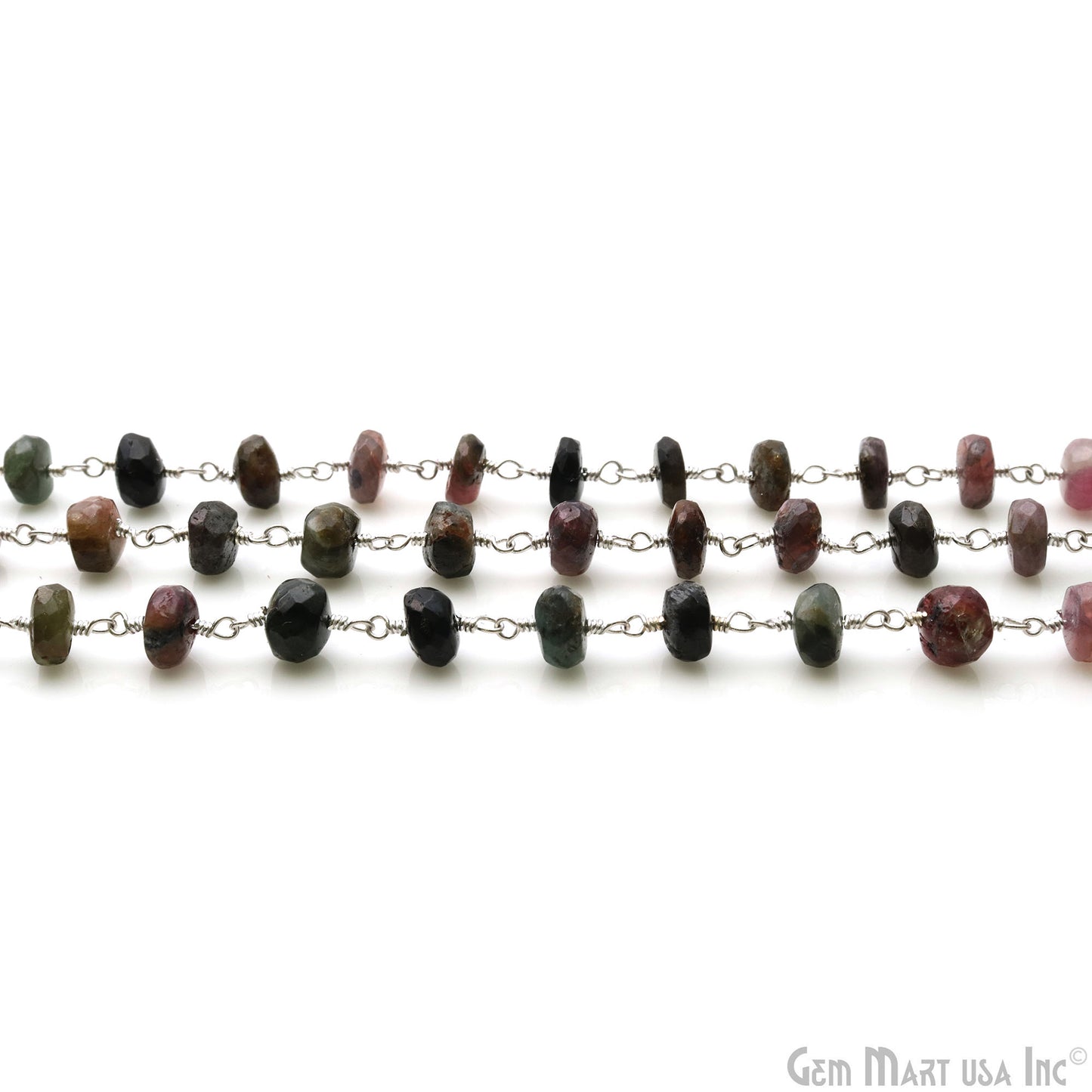 Multi Tourmaline Faceted Beads 7-8mm Silver Plated Wire Wrapped Rosary Chain