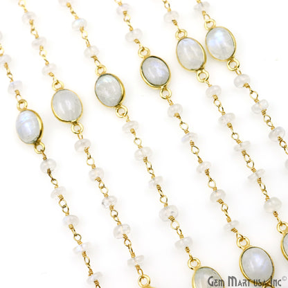 Rainbow Moonstone Beads & Bezel Connector Gold Plated Rosary Chain