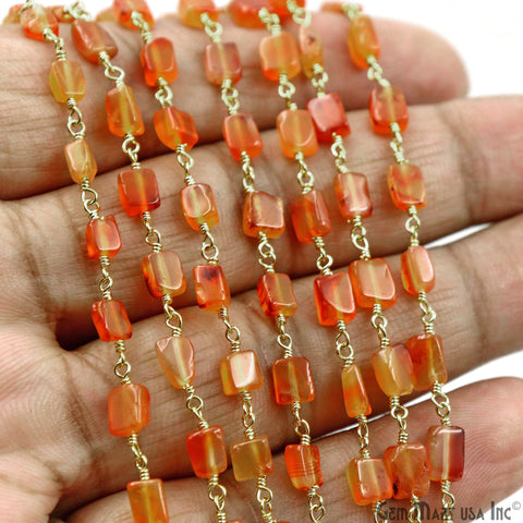 Carnelian Beads 8x5mm Gold Plated Wire Wrapped Beaded Rosary Chain