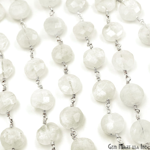 Rainbow Moonstone Coin Shape 10-12mm Silver Wire Wrapped Rosary Chain