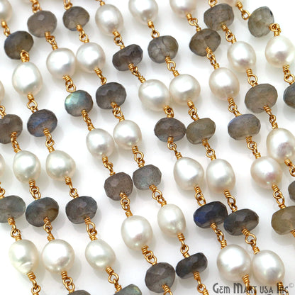 Labradorite & Pearl Beads 8-9mm Gold Plated Rosary Chain