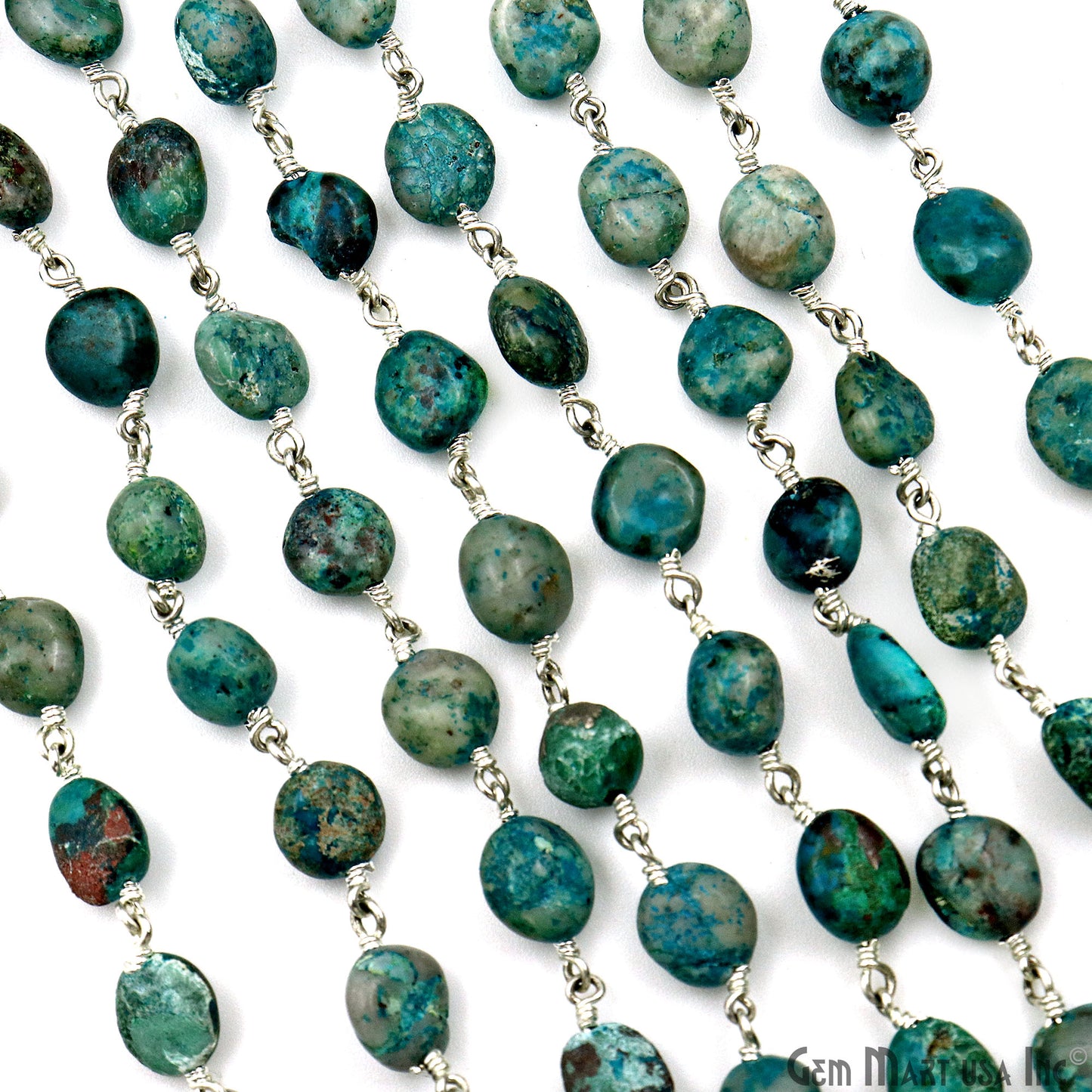 Chrysocolla Tumble Beads 8x5mm Silver Plated Gemstone Rosary Chain