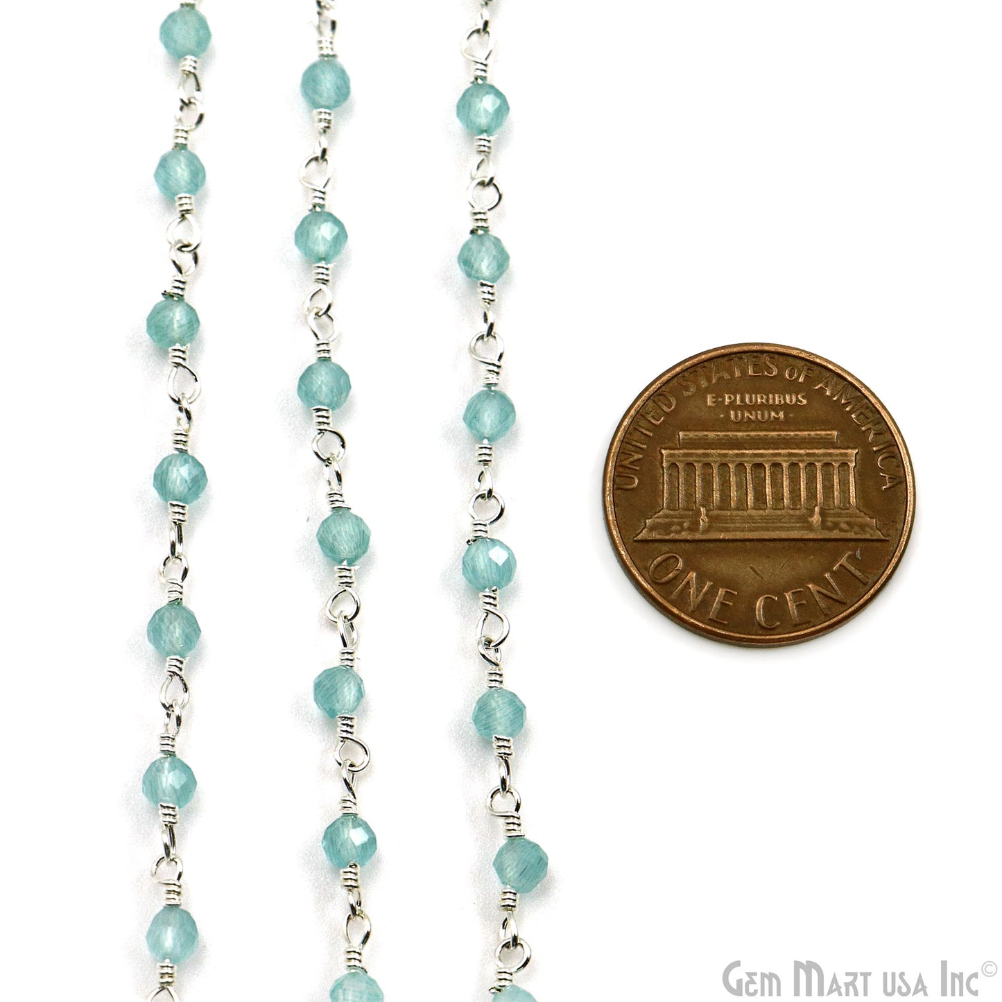 Aqua Monalisa Faceted Beads 3-3.5mm Silver Plated Gemstone Rosary Chain